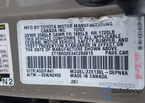 2004 Toyota Corolla Le from USA, damaged, VIN 2T1BR32E34C266813